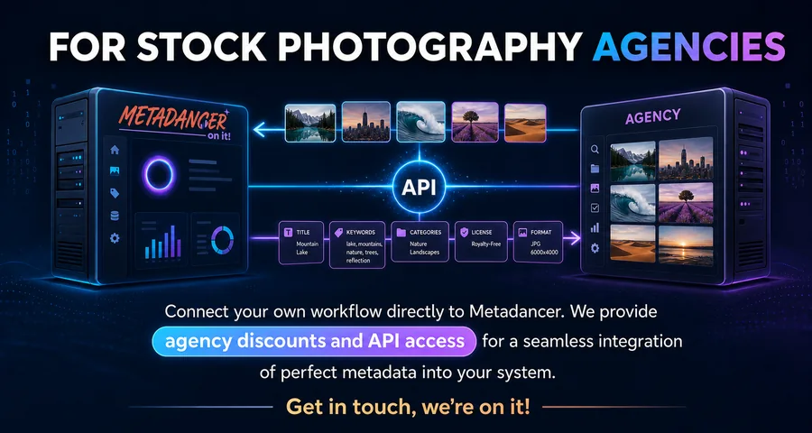 Metadancer and a stock photography agency exchange image previews and metadata through an API, with agency discounts and API access highlighted.