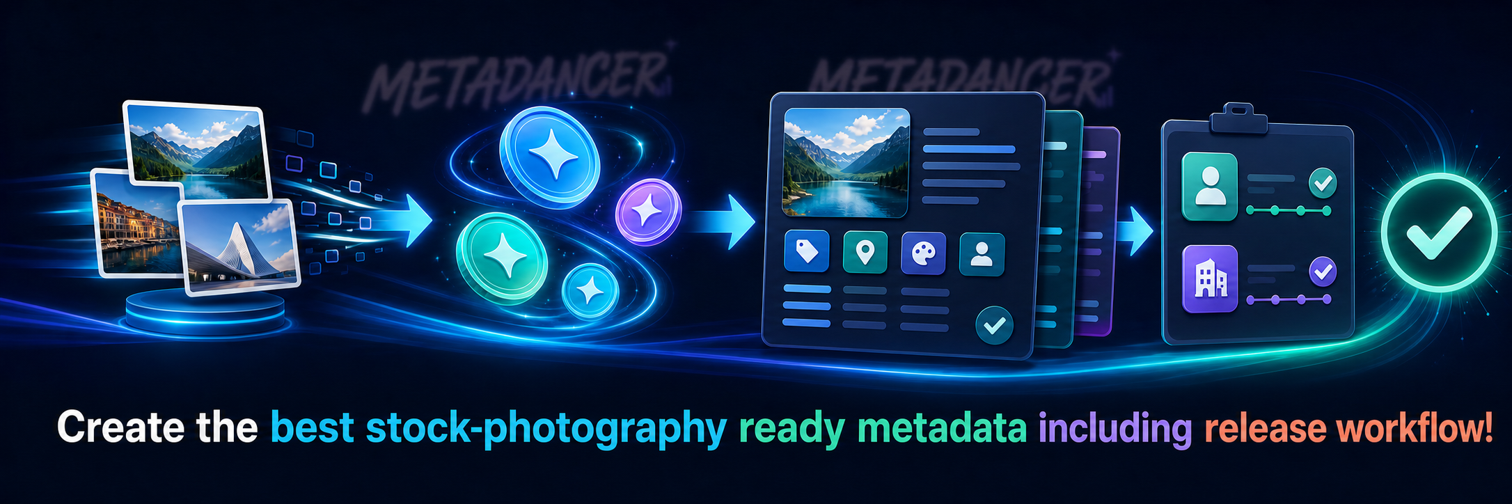 Images flow through Metadancer to become stock-ready metadata with an attached release workflow.